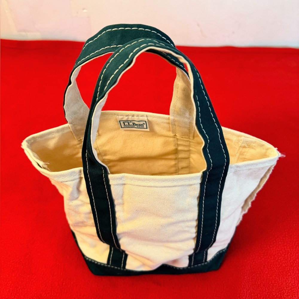 Vintage L.L. Bean Canvas Micro Mini Boat and Tote Bag in Cream w/Green Trim EUC
